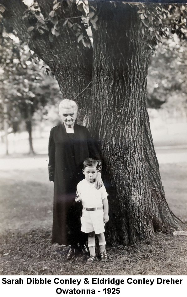 Black and white photo; elderly Sarah Conley Dibble with white hair and long black dress stands behind Eldridge Conley Dreher, about six years old, in white shirt and shorts, her left hand on his left shoulder; behind them is a massive tree.